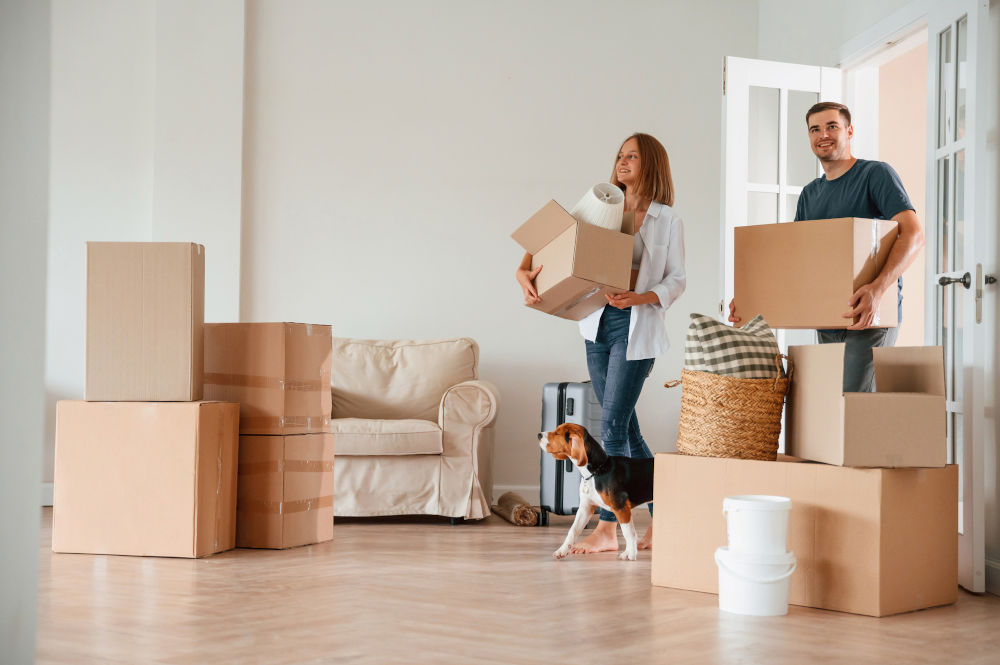 Young couple carrying moving boxes with their dog during a residential move in Alberta
